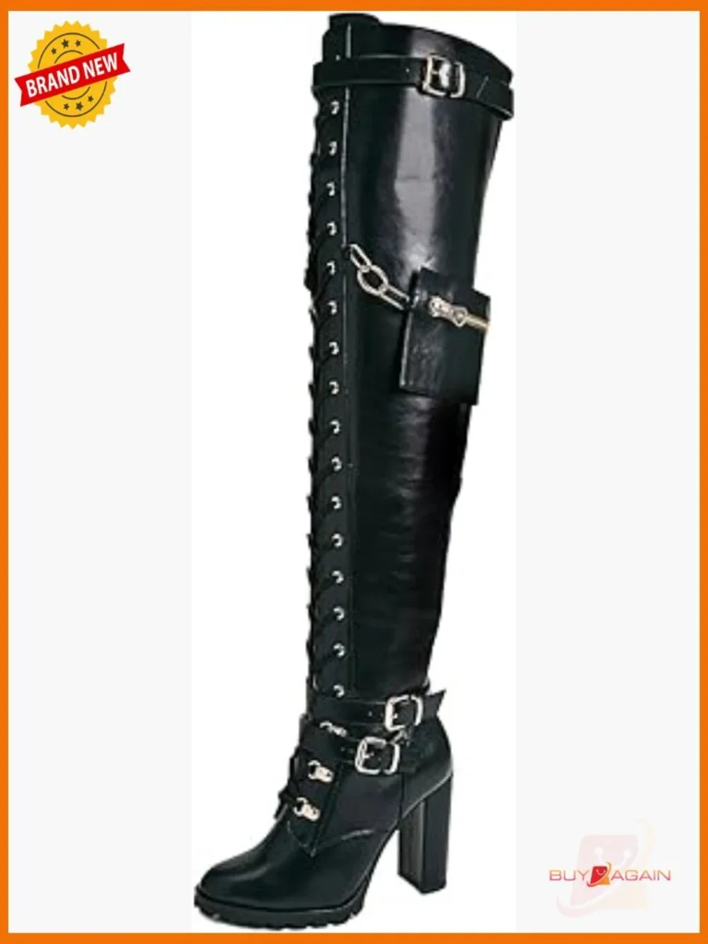 Thigh High Combat Boots with Block Heel, Lace Up, Side Zipper